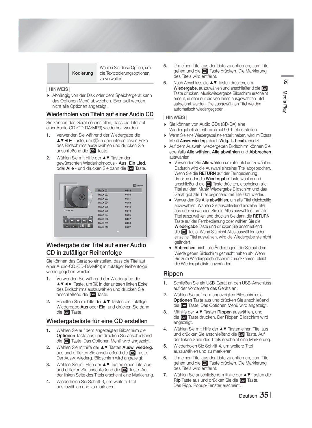 Samsung HT-FS6200/EN, HT-FS6200/XN, HT-FS6200/ZF, HT-FS6200/XE Wiedergabeliste für eine CD erstellen, Rippen, Zu verwalten 