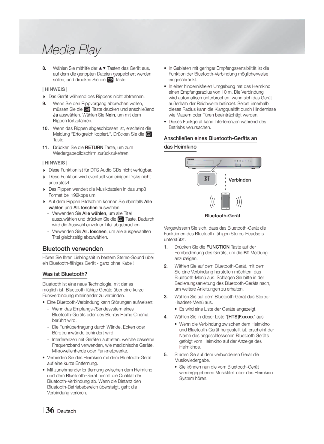 Samsung HT-FS6200/ZF manual Bluetooth verwenden, Was ist Bluetooth?, Anschließen eines Bluetooth-Geräts an Das Heimkino 