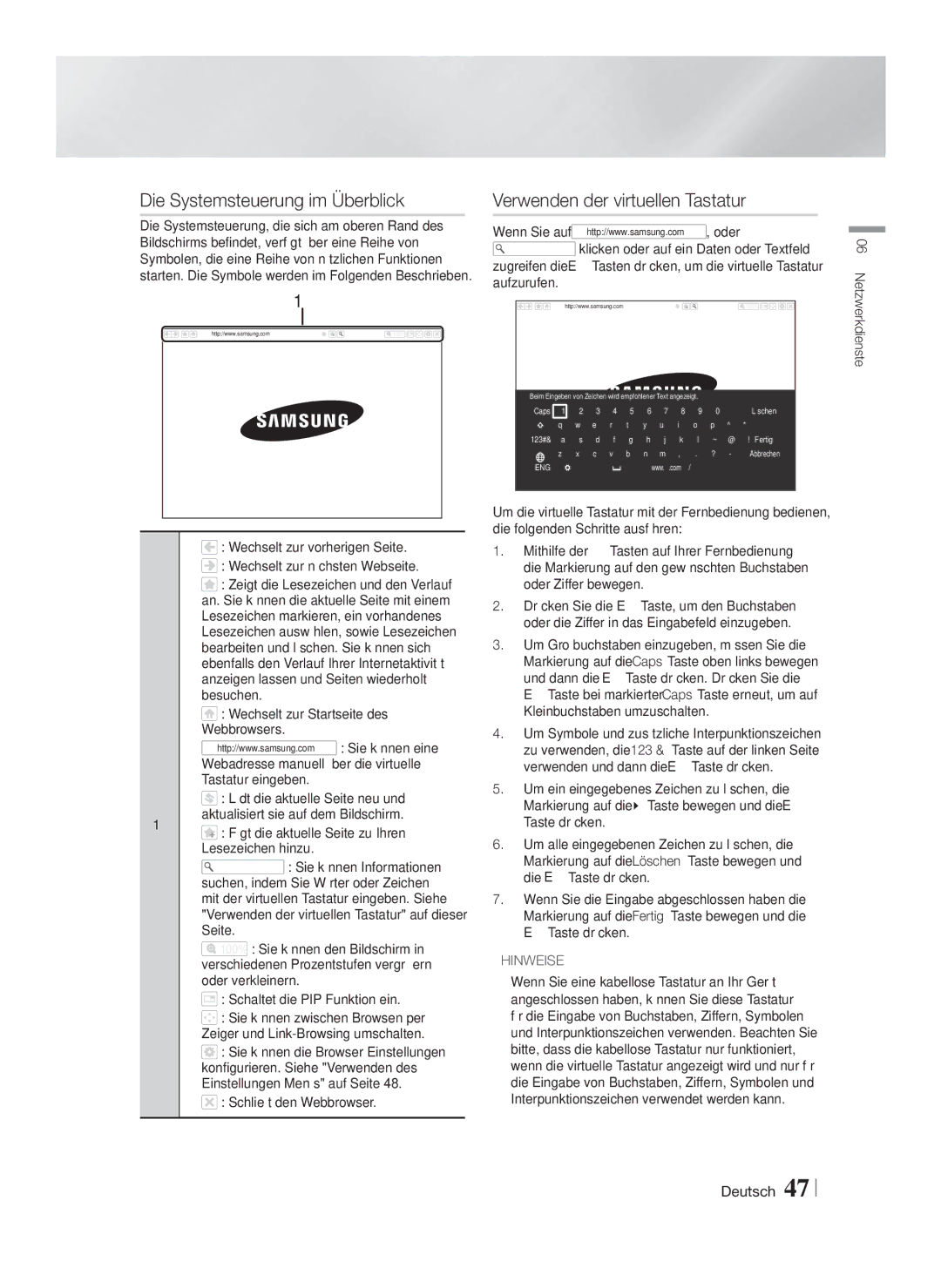 Samsung HT-FS6200/EN manual Die Systemsteuerung im Überblick, Verwenden der virtuellen Tastatur, Schließt den Webbrowser 