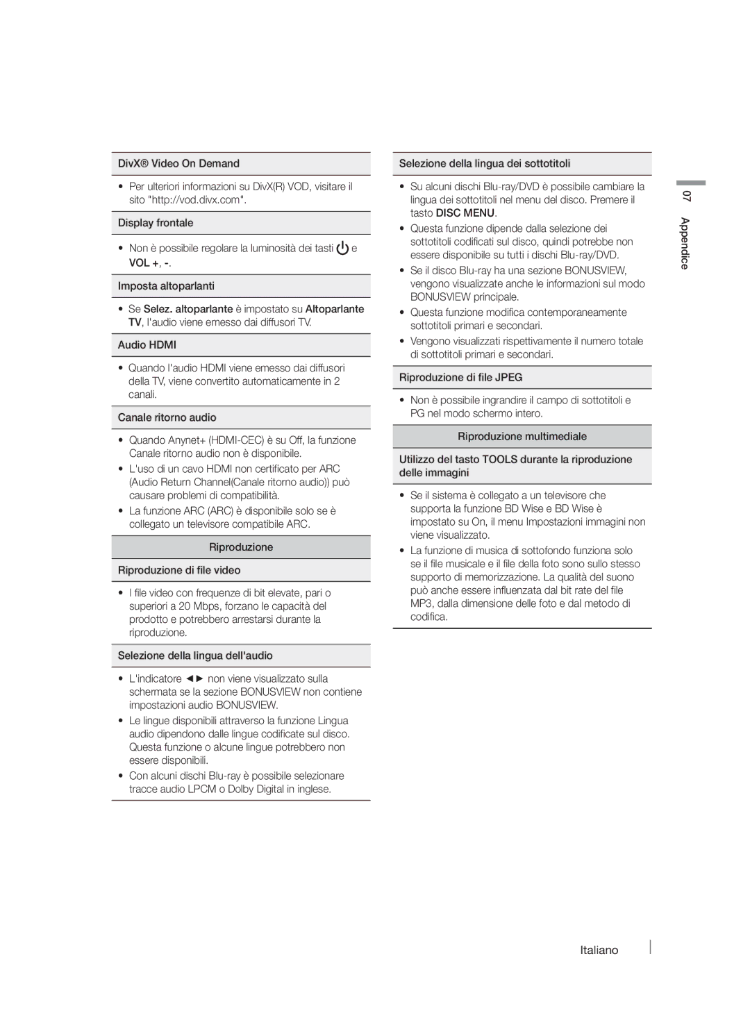 Samsung HT-FS6200/ZF, HT-FS6200/XN, HT-FS6200/EN, HT-FS6200/XE manual Italiano 