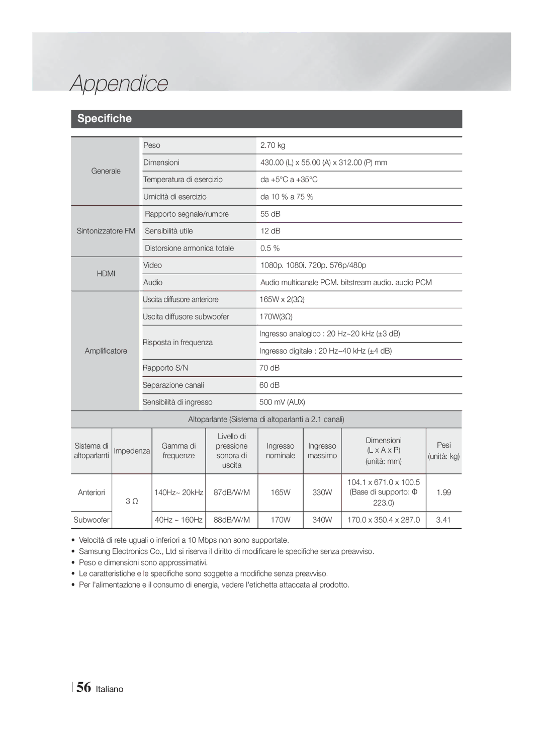 Samsung HT-FS6200/XE, HT-FS6200/XN, HT-FS6200/EN, HT-FS6200/ZF manual Specifiche, Peso 70 kg, Gamma di, Frequenze 