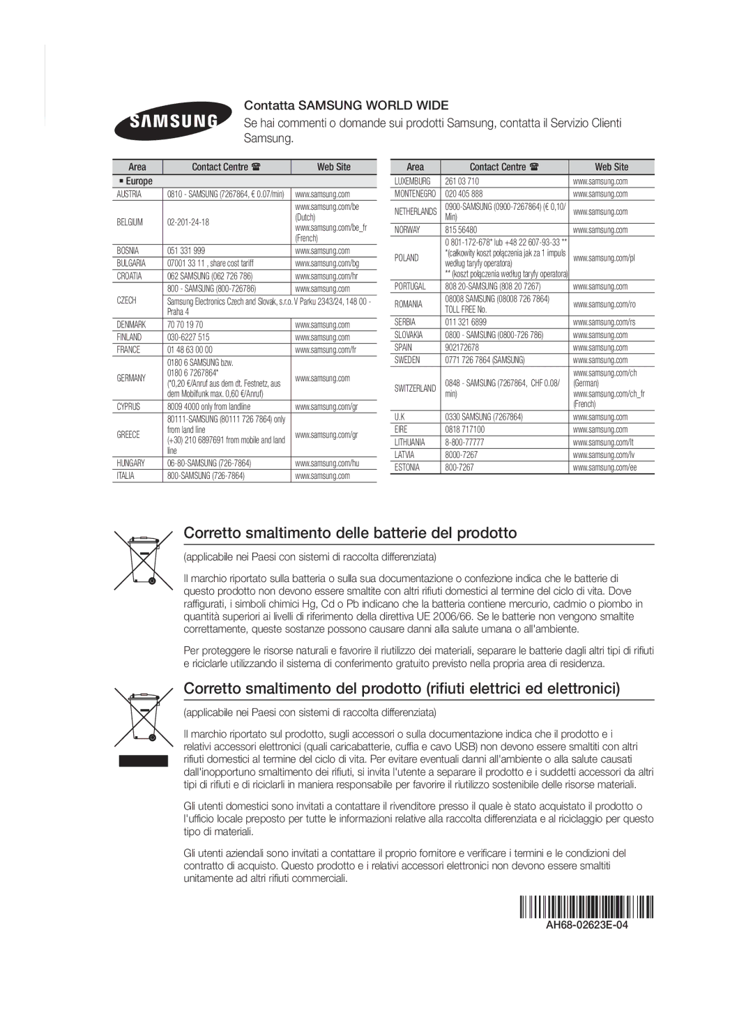 Samsung HT-FS6200/XN, HT-FS6200/EN, HT-FS6200/ZF, HT-FS6200/XE manual Corretto smaltimento delle batterie del prodotto 