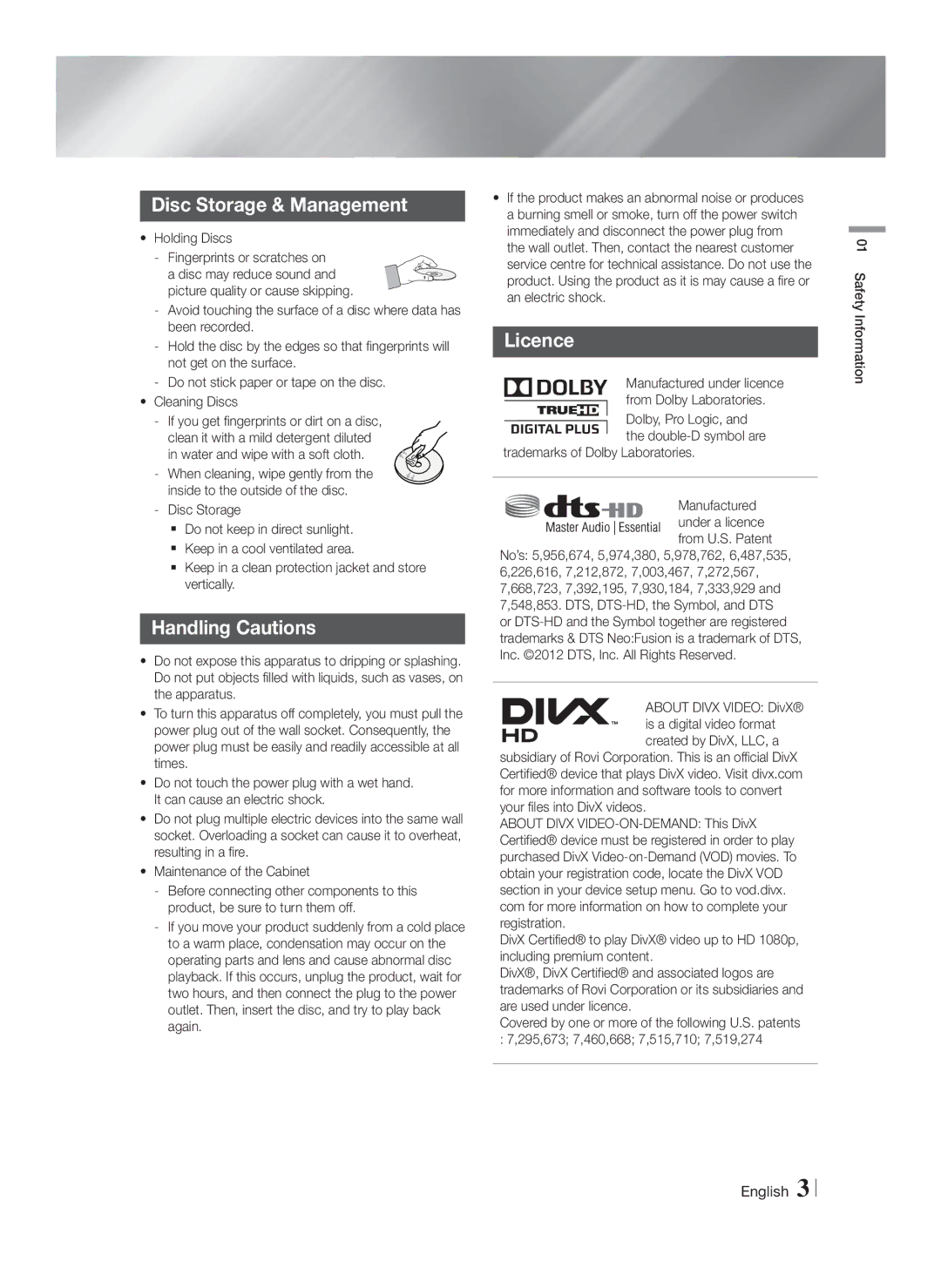 Samsung HT-FS6200/XE manual Disc Storage & Management, Handling Cautions, Licence, Holding Discs, Safety Information 