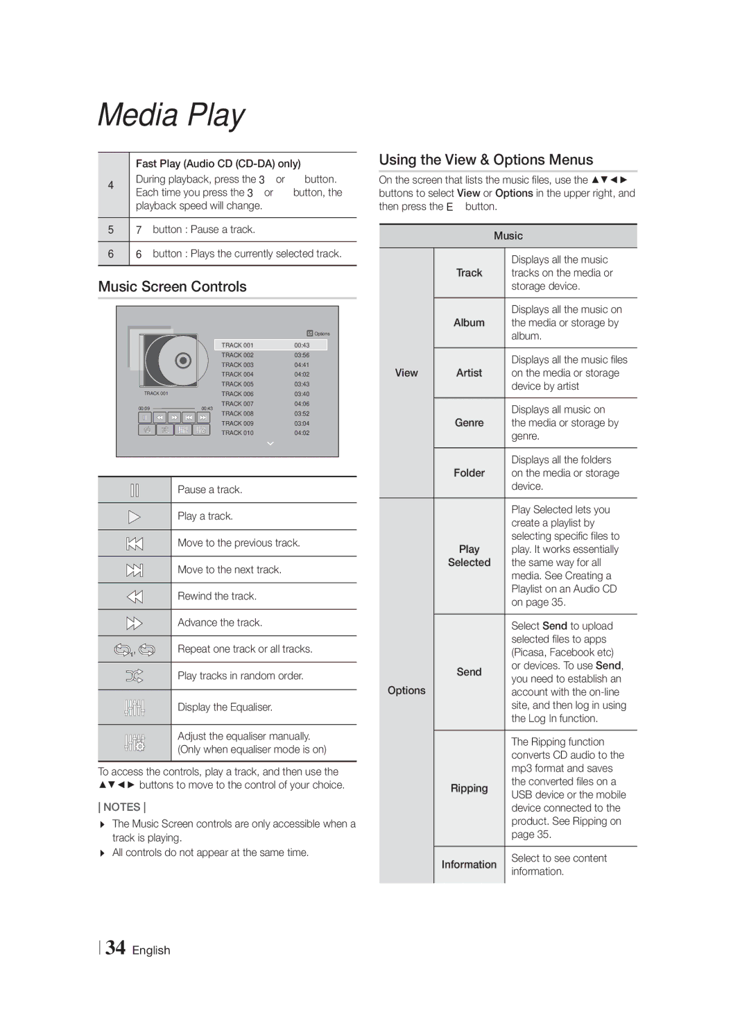 Samsung HT-FS6200/ZF, HT-FS6200/XN, HT-FS6200/EN, HT-FS6200/XE manual Music Screen Controls 