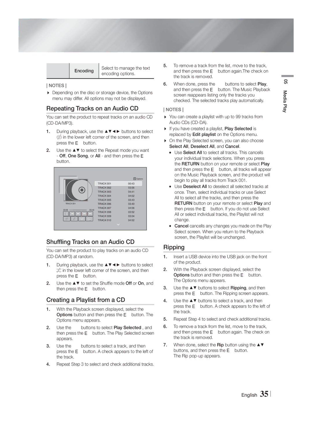 Samsung HT-FS6200/XE manual Repeating Tracks on an Audio CD, Shuffling Tracks on an Audio CD, Creating a Playlist from a CD 