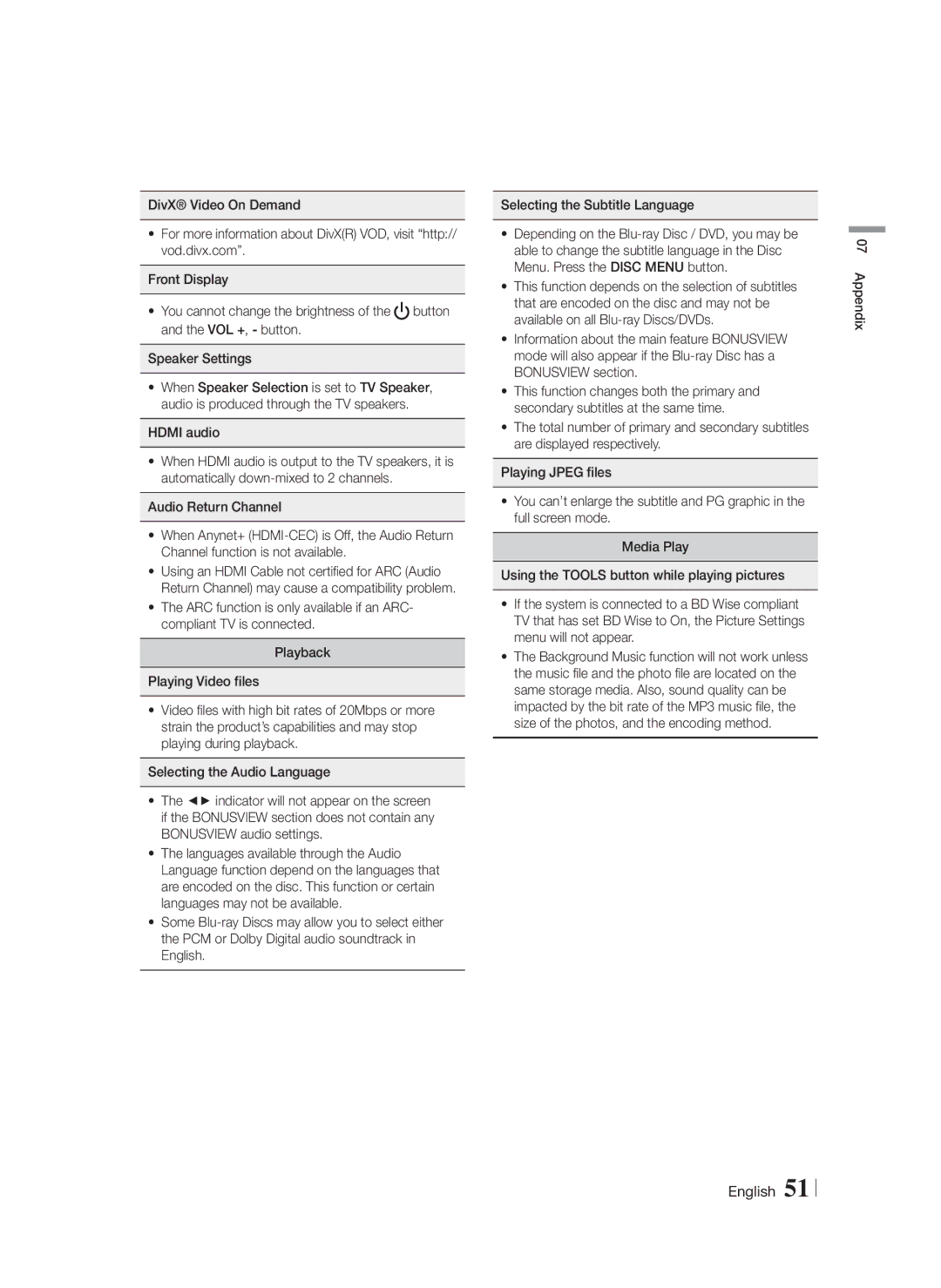 Samsung HT-FS6200/XE, HT-FS6200/XN, HT-FS6200/EN, HT-FS6200/ZF manual Appendix 