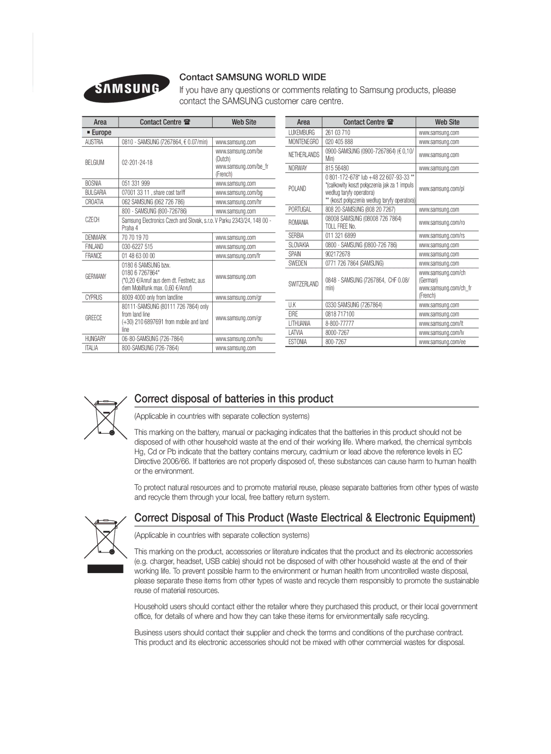 Samsung HT-FS6200/EN, HT-FS6200/XN Correct disposal of batteries in this product, Area Contact Centre  Web Site ` Europe 