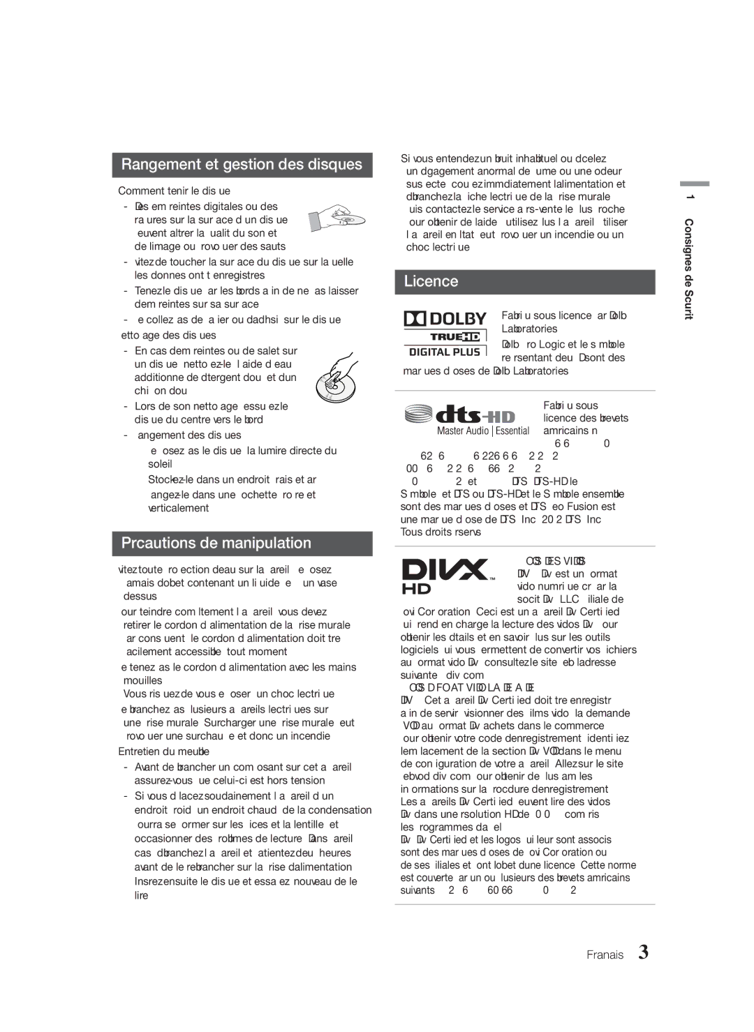 Samsung HT-FS6200/XN, HT-FS6200/EN, HT-FS6200/ZF, HT-FS6200/XE Rangement et gestion des disques, Précautions de manipulation 