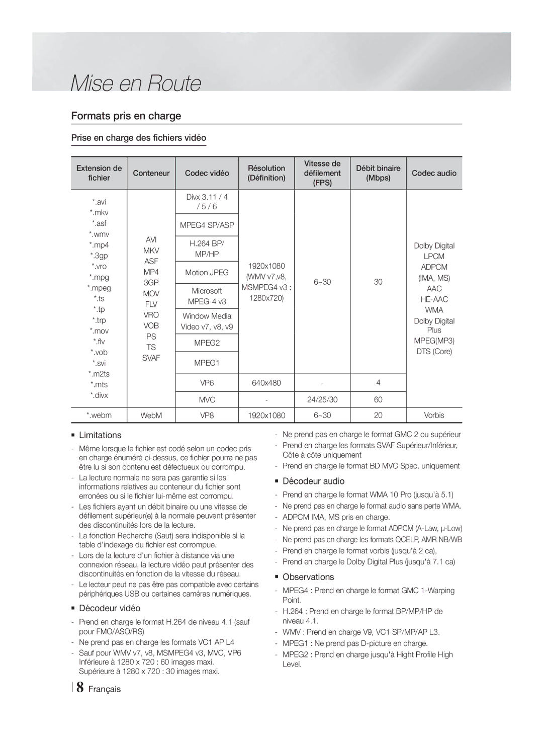 Samsung HT-FS6200/EN manual Formats pris en charge, Prise en charge des fichiers vidéo,  Décodeur vidéo,  Décodeur audio 