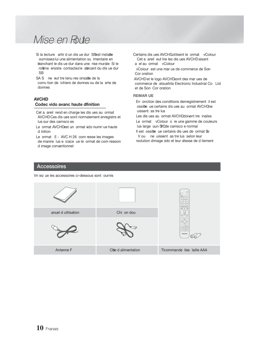 Samsung HT-FS6200/XE, HT-FS6200/XN, HT-FS6200/EN, HT-FS6200/ZF manual Accessoires, Codec vidéo avancé haute définition 