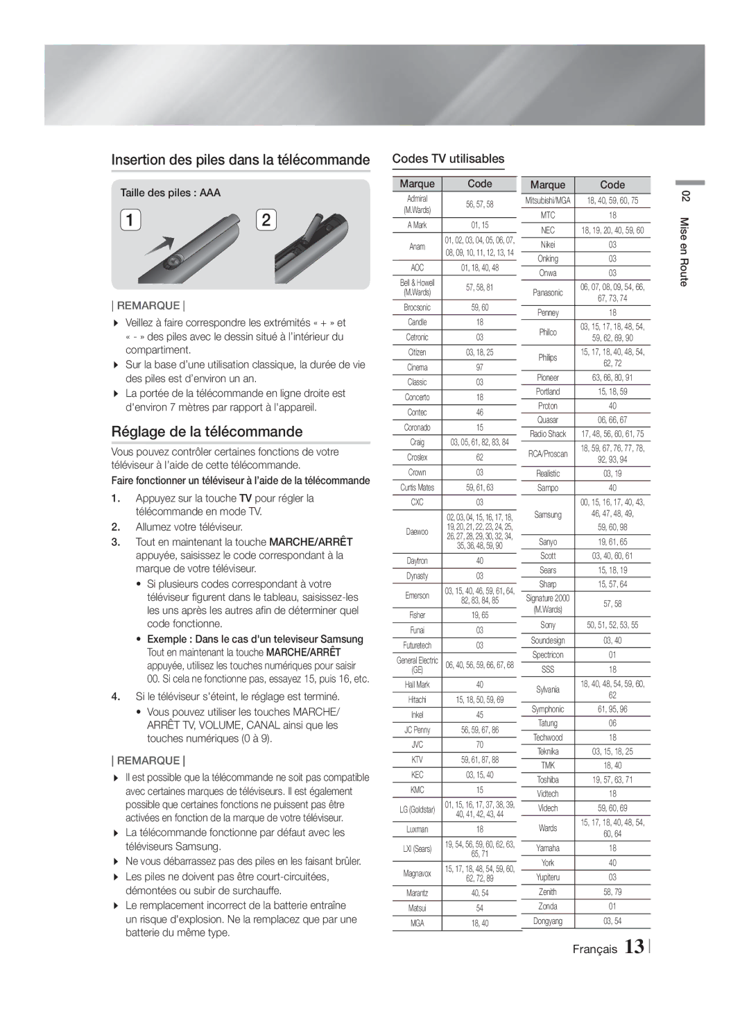 Samsung HT-FS6200/ZF Réglage de la télécommande, Codes TV utilisables, Si le téléviseur séteint, le réglage est terminé 