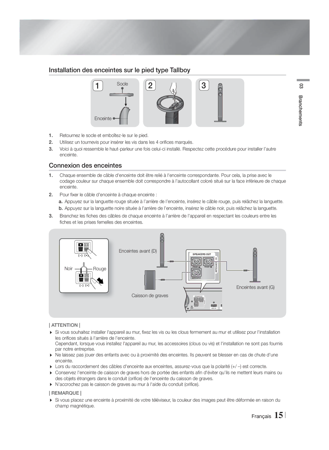 Samsung HT-FS6200/XN manual Installation des enceintes sur le pied type Tallboy, Connexion des enceintes, Enceintes avant G 