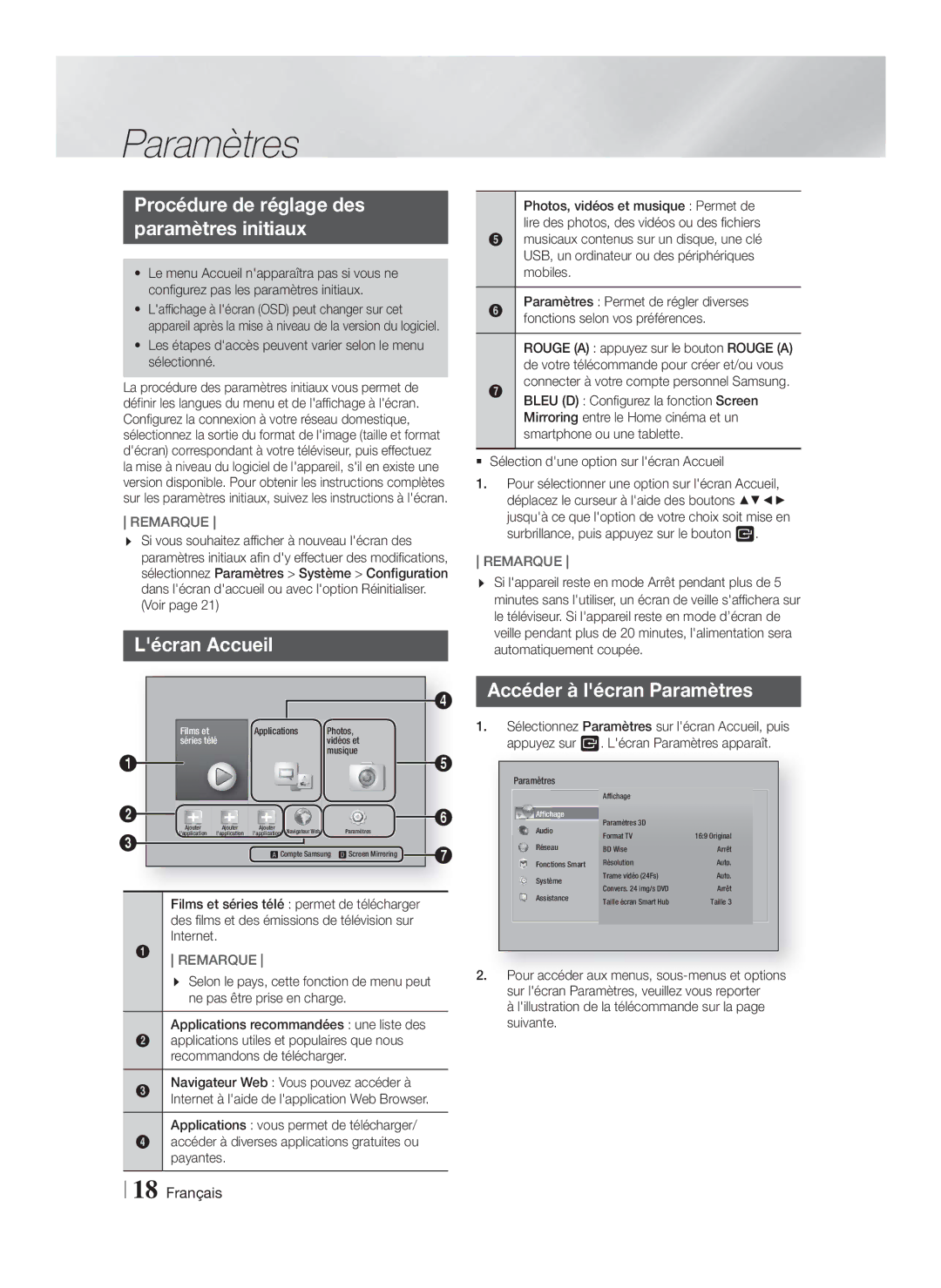 Samsung HT-FS6200/XE manual Procédure de réglage des Paramètres initiaux, Lécran Accueil, Accéder à lécran Paramètres 