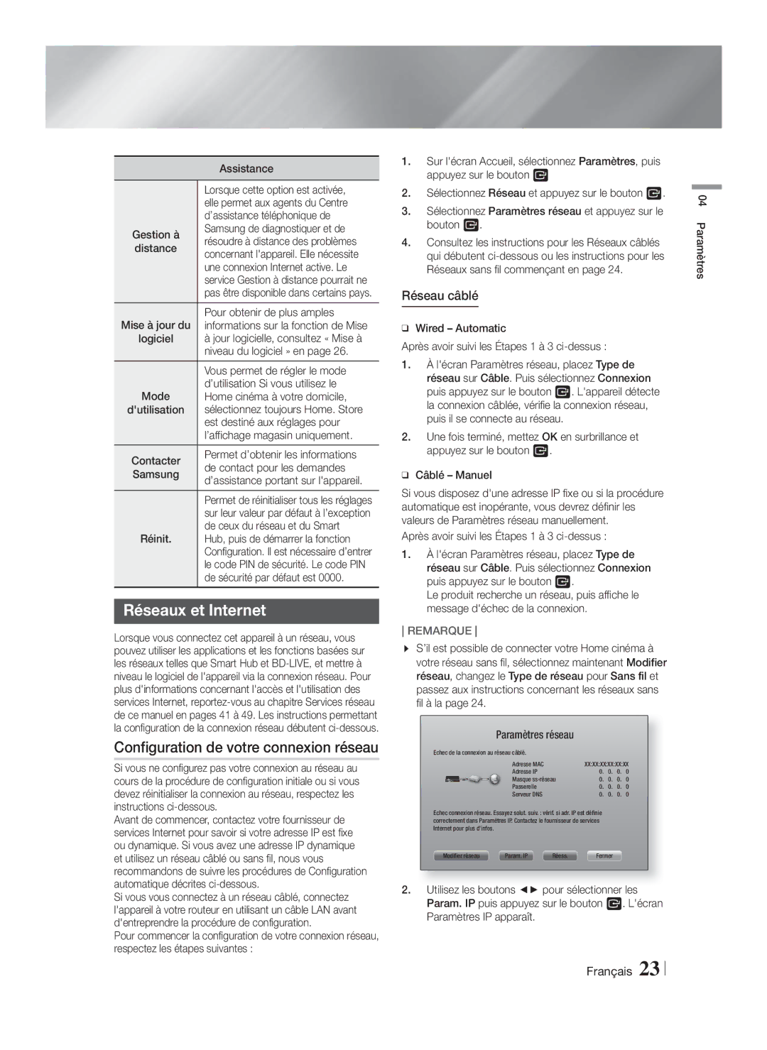 Samsung HT-FS6200/XN, HT-FS6200/EN, HT-FS6200/ZF Réseaux et Internet, Configuration de votre connexion réseau, Réseau câblé 