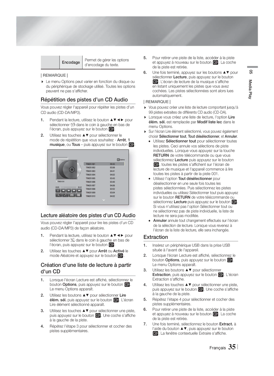 Samsung HT-FS6200/XN manual Répétition des pistes d’un CD Audio, Création dune liste de lecture à partir dun CD, Extraction 