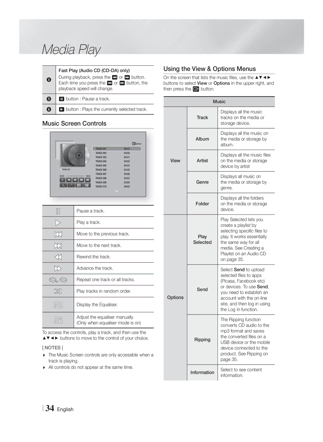 Samsung HT-FS6200/ZF, HT-FS6200/XN, HT-FS6200/EN, HT-FS6200/XE manual Music Screen Controls 