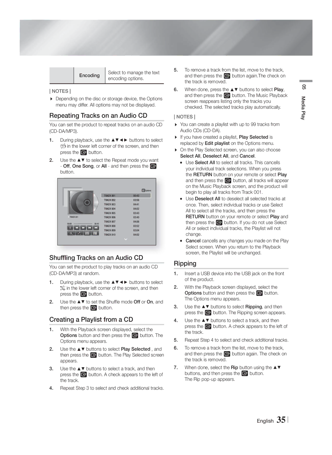 Samsung HT-FS6200/XE manual Repeating Tracks on an Audio CD, Shuffling Tracks on an Audio CD, Creating a Playlist from a CD 