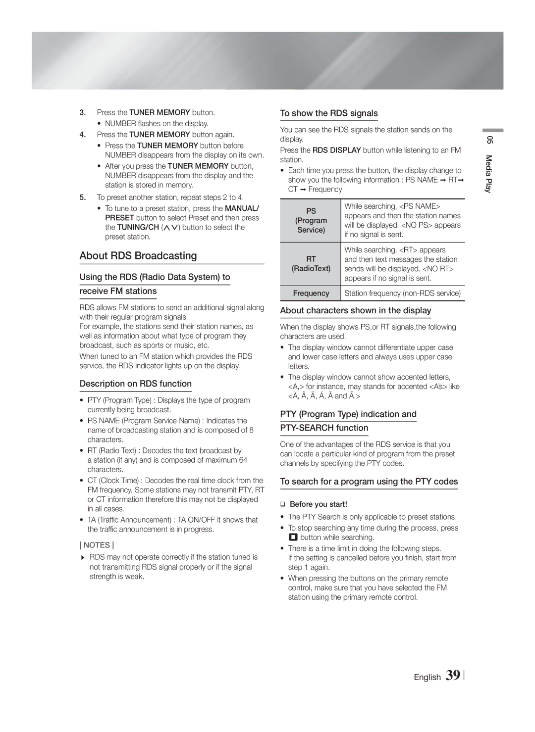 Samsung HT-FS6200/XE, HT-FS6200/XN, HT-FS6200/EN, HT-FS6200/ZF manual About RDS Broadcasting 