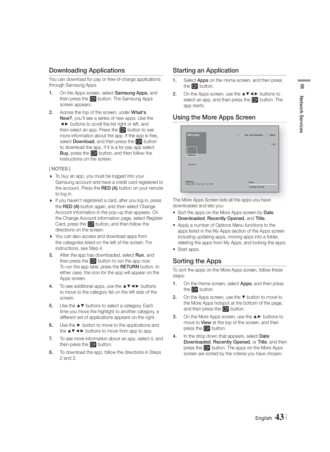 Samsung HT-FS6200/XE manual Downloading Applications, Starting an Application, Using the More Apps Screen, Sorting the Apps 