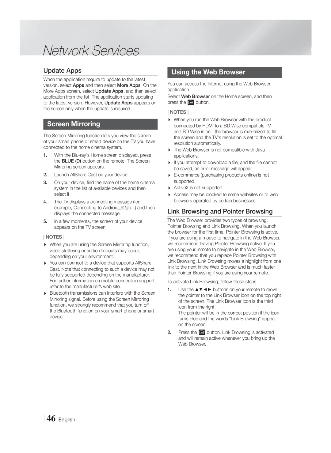 Samsung HT-FS6200/ZF manual Update Apps, Screen Mirroring, Using the Web Browser, Link Browsing and Pointer Browsing 