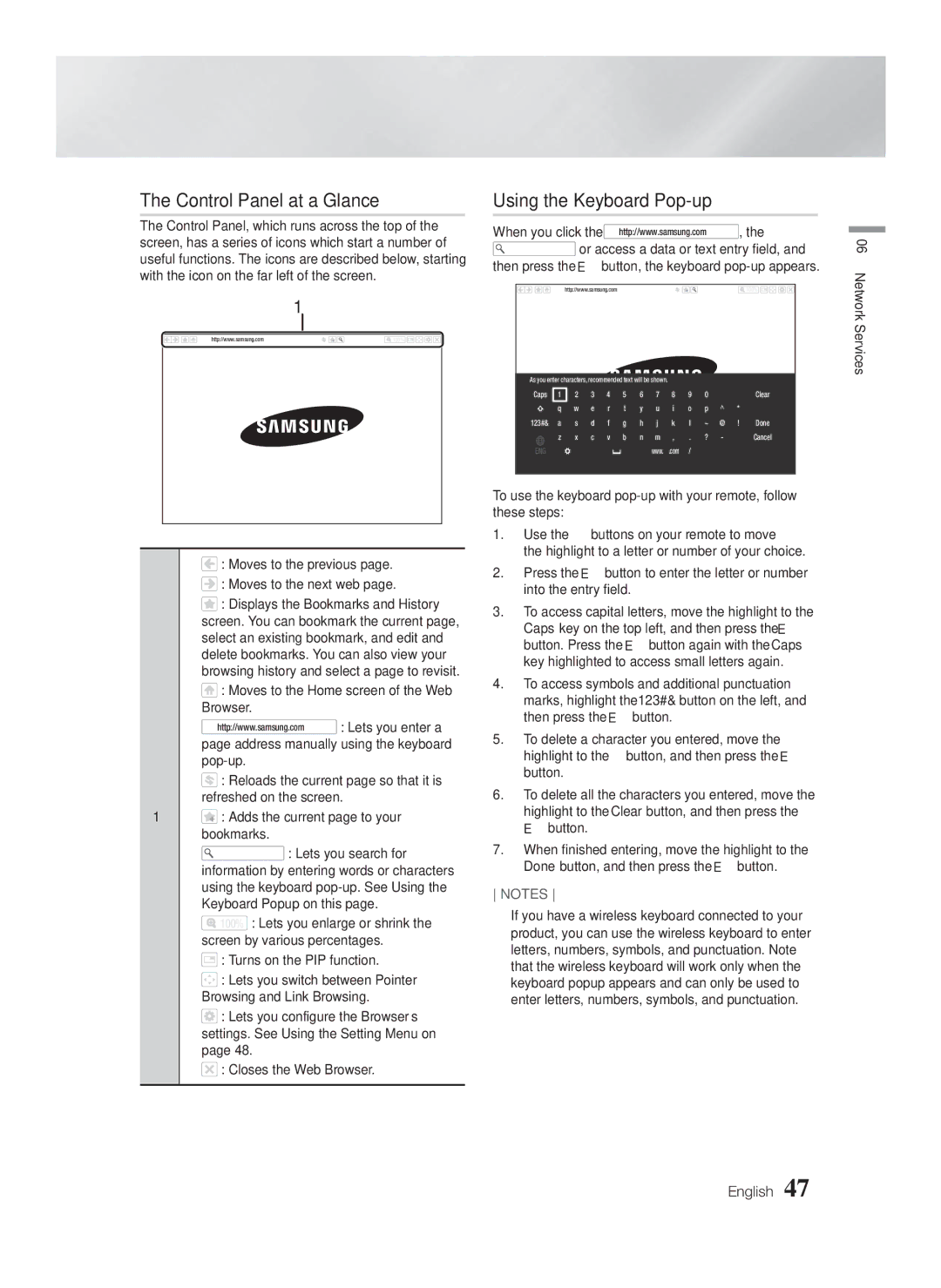 Samsung HT-FS6200/XE Control Panel at a Glance, Using the Keyboard Pop-up, Moves to the previous Moves to the next web 