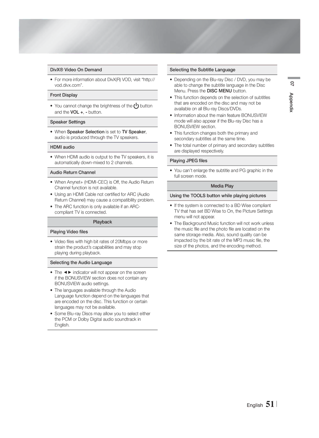 Samsung HT-FS6200/XE, HT-FS6200/XN, HT-FS6200/EN, HT-FS6200/ZF manual Appendix 