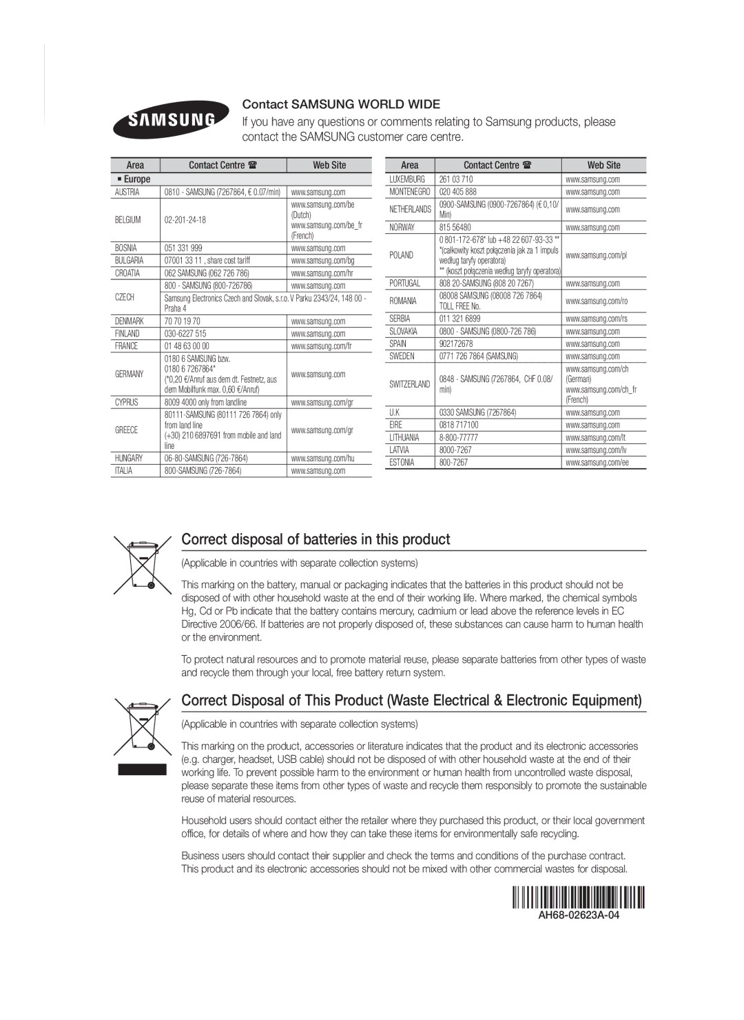 Samsung HT-FS6200/EN, HT-FS6200/XN Correct disposal of batteries in this product, Area Contact Centre  Web Site ` Europe 