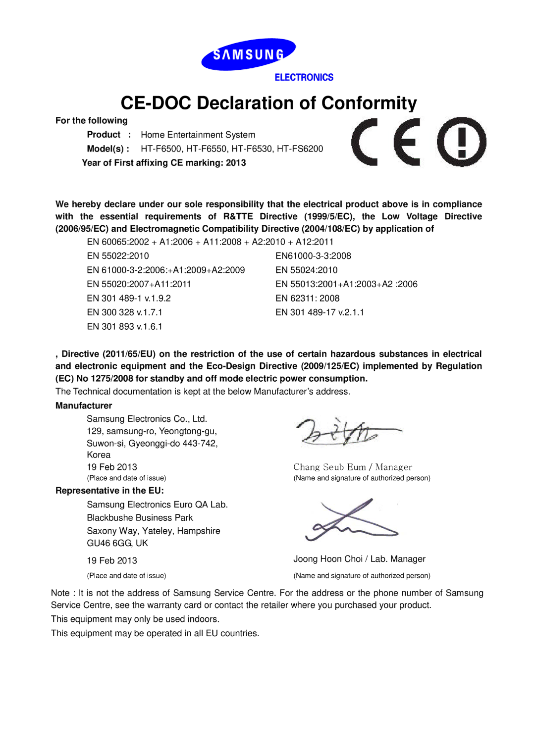 Samsung HT-FS6200/EN manual CE-DOC Declaration of Conformity, For the following, Manufacturer, Representative in the EU 