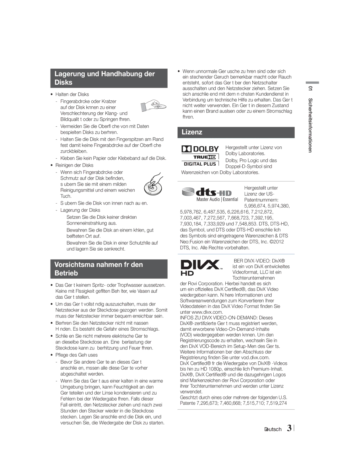 Samsung HT-FS6200/XN, HT-FS6200/EN manual Lagerung und Handhabung der Disks, Vorsichtsmaßnahmen für den Betrieb, Lizenz 