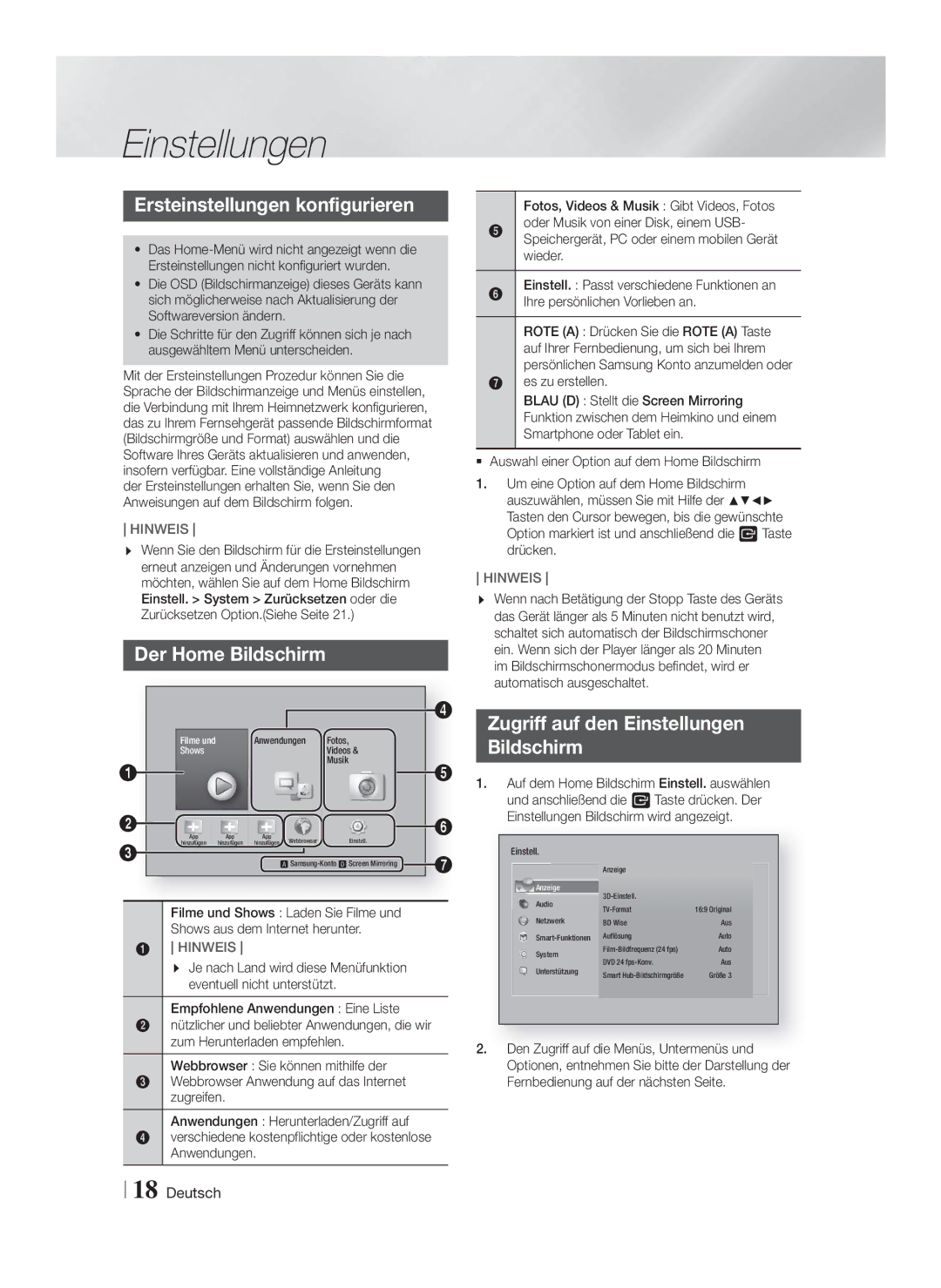 Samsung HT-FS6200/XN, HT-FS6200/EN, HT-FS6200/ZF manual Einstellungen, Ersteinstellungen konfigurieren, Der Home Bildschirm 