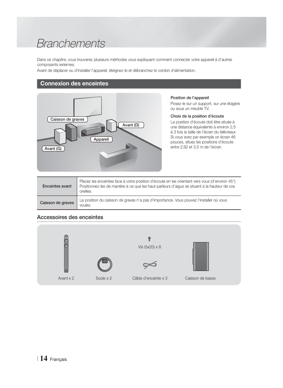 Samsung HT-FS6200/ZF, HT-FS6200/XN, HT-FS6200/EN manual Branchements, Connexion des enceintes, Accessoires des enceintes 