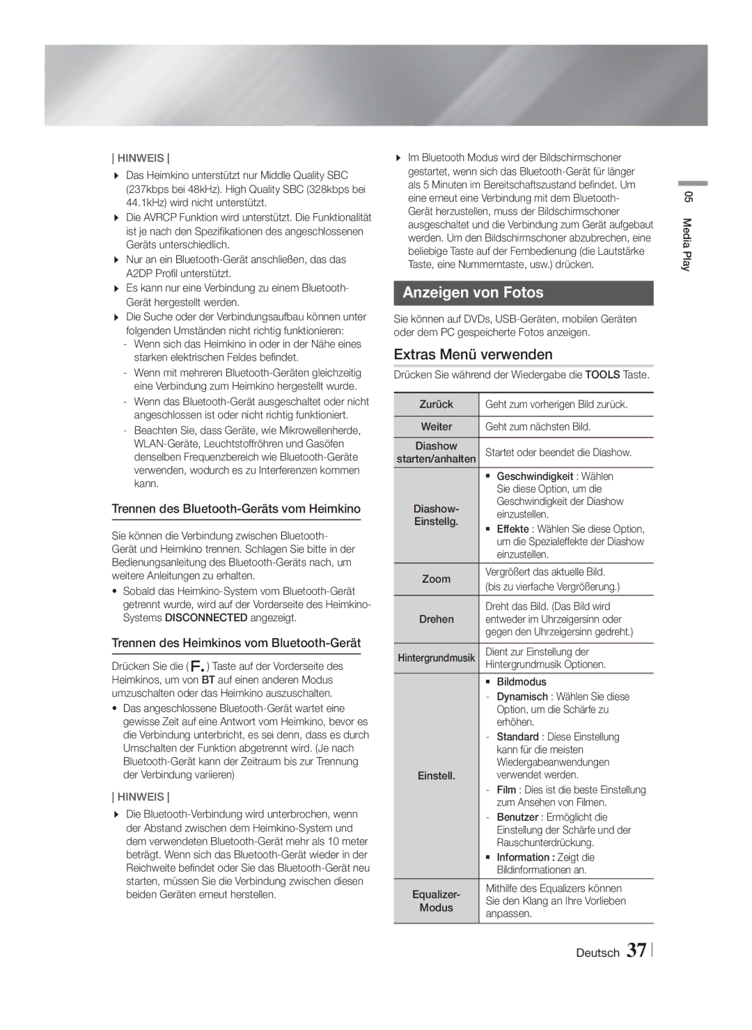 Samsung HT-FS6200/EN, HT-FS6200/XN, HT-FS6200/ZF manual Anzeigen von Fotos, Trennen des Bluetooth-Geräts vom Heimkino 