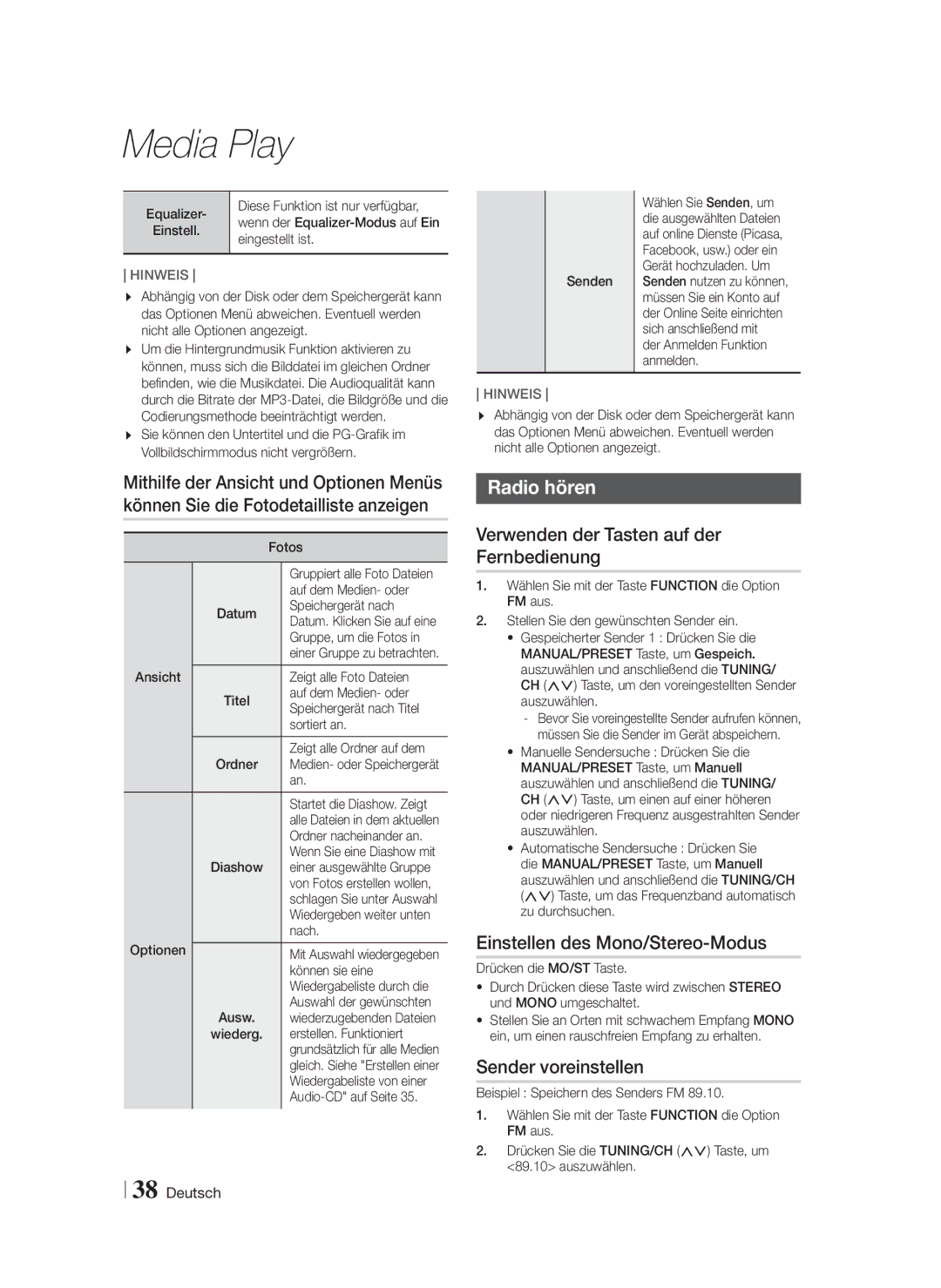 Samsung HT-FS6200/ZF manual Radio hören, Verwenden der Tasten auf der Fernbedienung, Einstellen des Mono/Stereo-Modus 