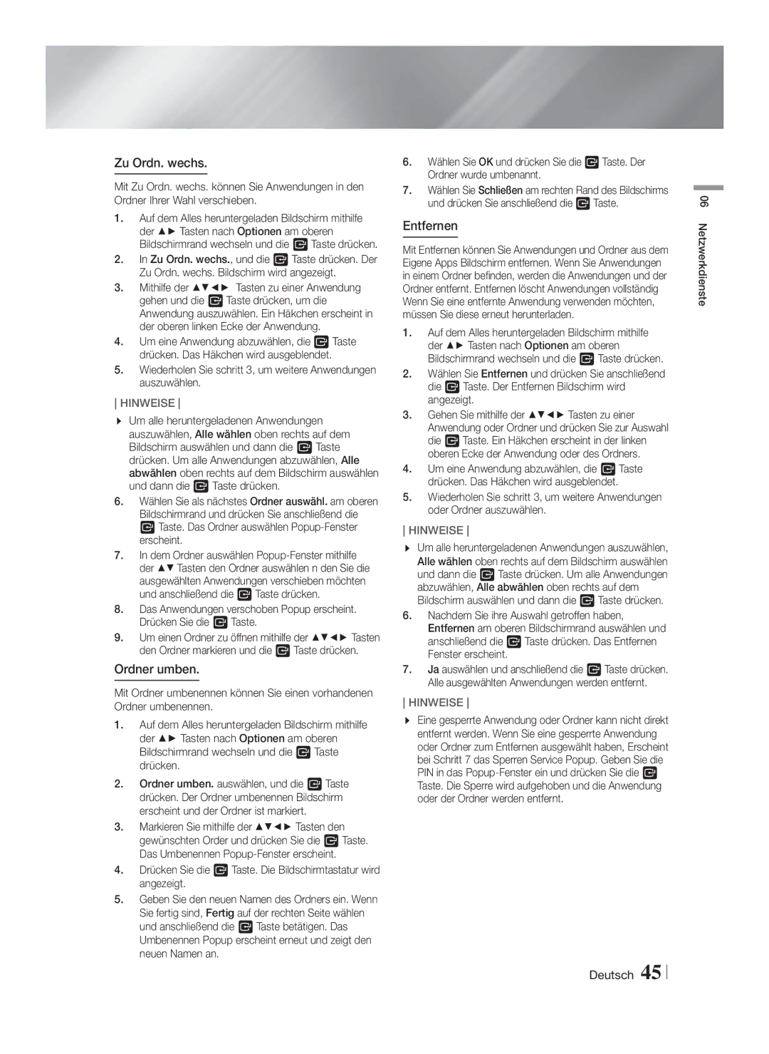 Samsung HT-FS6200/XN, HT-FS6200/EN, HT-FS6200/ZF manual Zu Ordn. wechs, Ordner umben, Entfernen 