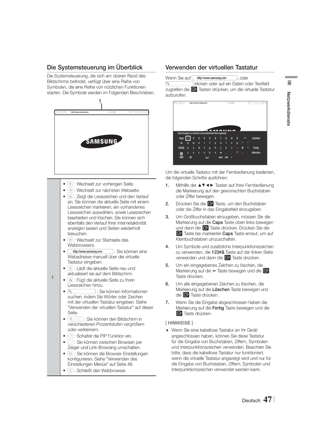 Samsung HT-FS6200/ZF manual Die Systemsteuerung im Überblick, Verwenden der virtuellen Tastatur, Schließt den Webbrowser 