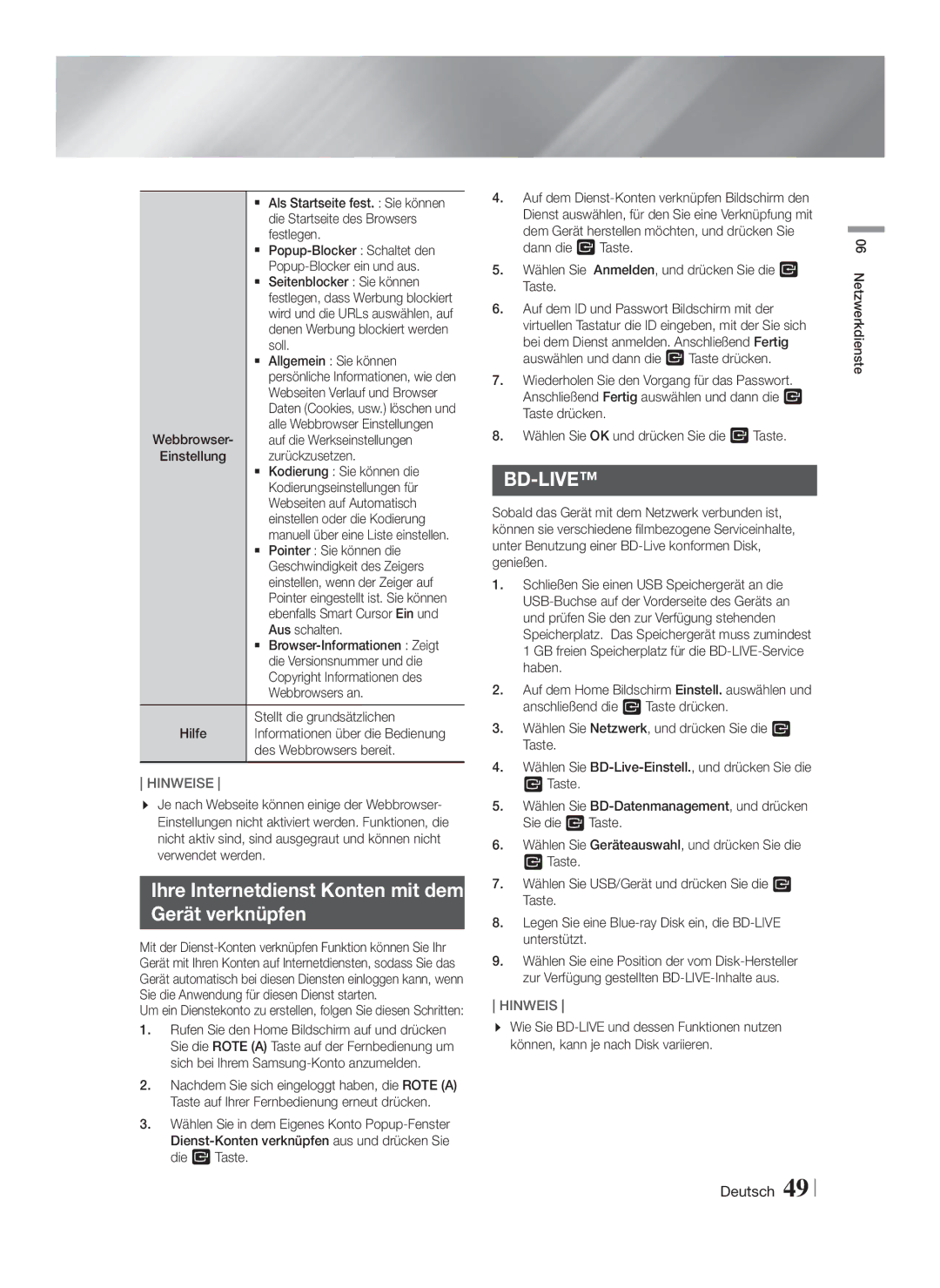 Samsung HT-FS6200/EN, HT-FS6200/XN, HT-FS6200/ZF manual Ihre Internetdienst Konten mit dem Gerät verknüpfen 