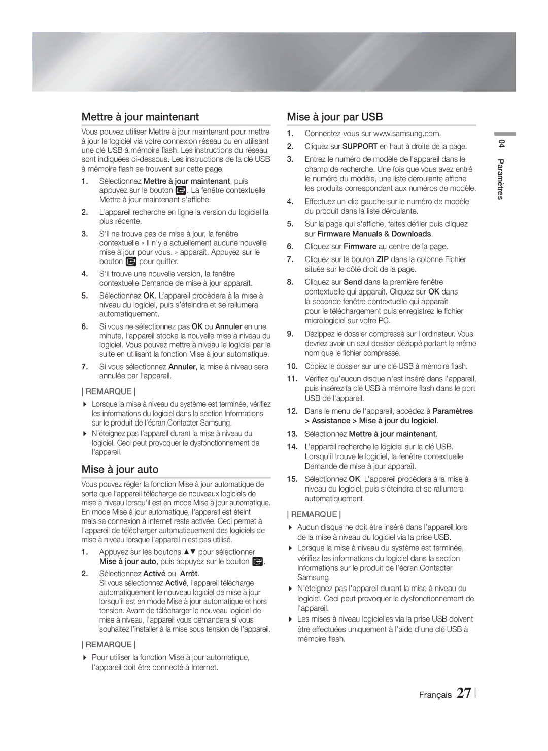 Samsung HT-FS6200/XN, HT-FS6200/EN, HT-FS6200/ZF manual Mettre à jour maintenant, Mise à jour auto, Mise à jour par USB 