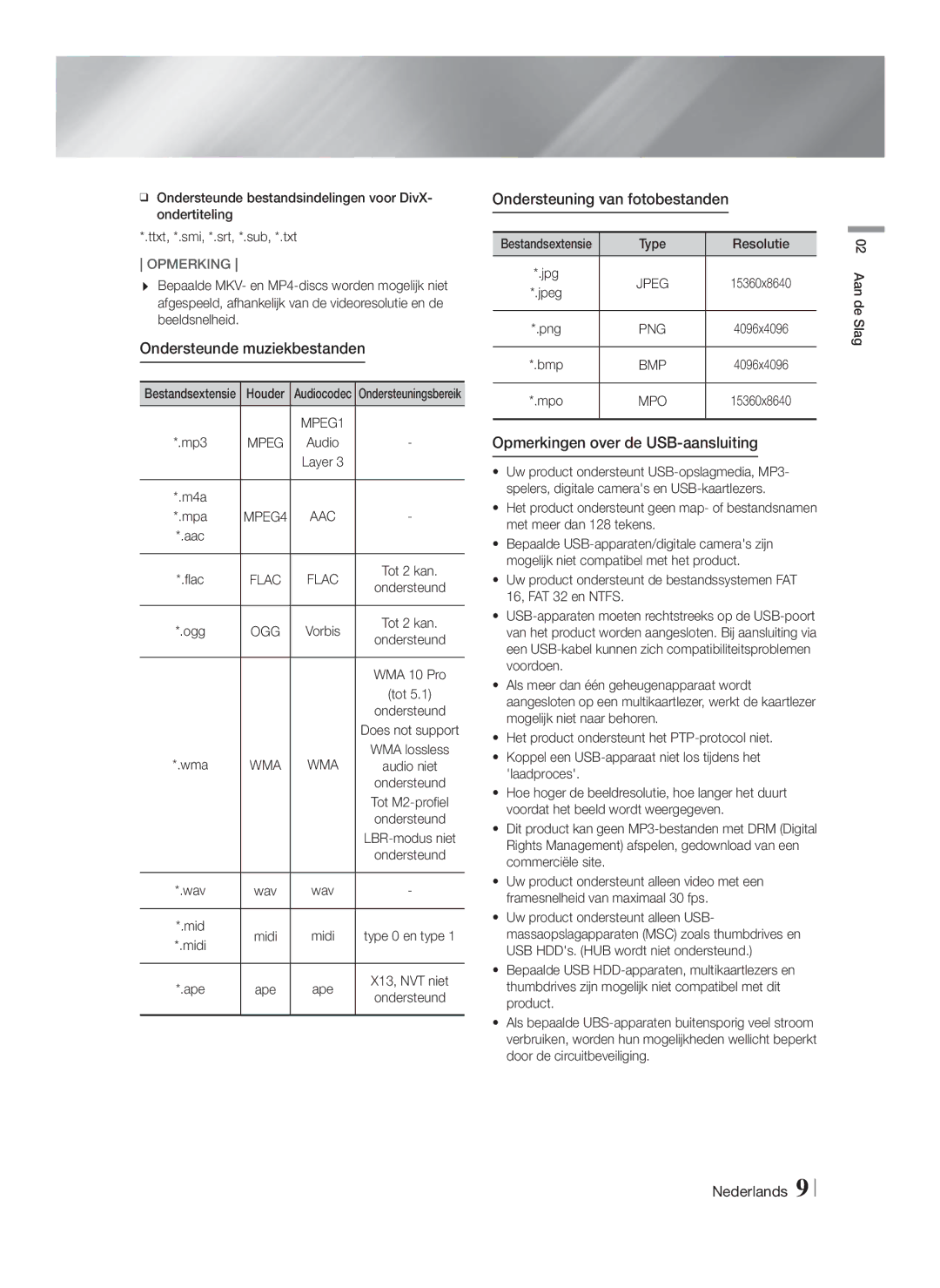 Samsung HT-FS6200/XN Ondersteunde muziekbestanden, Ondersteuning van fotobestanden, Opmerkingen over de USB-aansluiting 