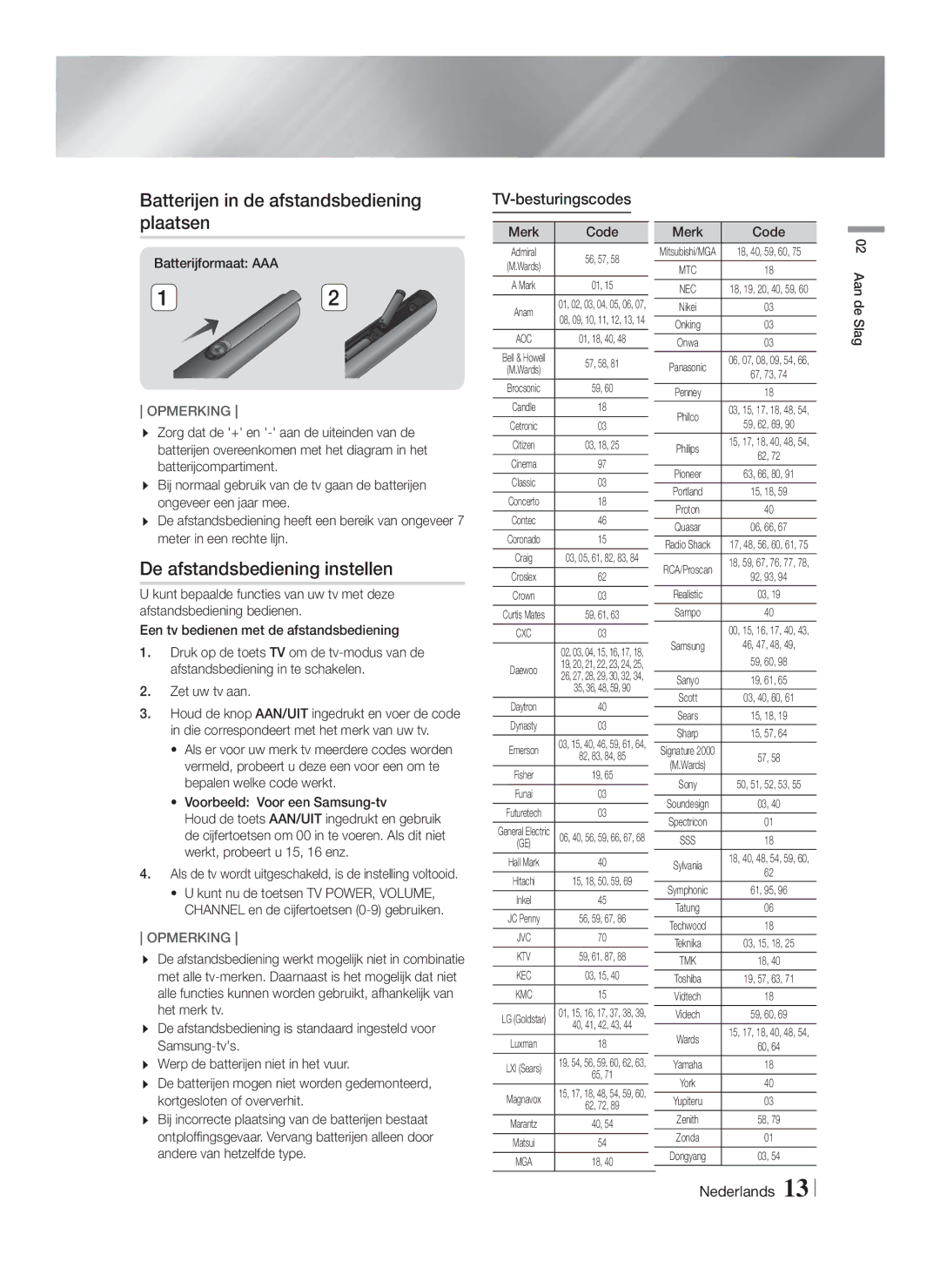 Samsung HT-FS6200/EN manual Batterijen in de afstandsbediening plaatsen, De afstandsbediening instellen, TV-besturingscodes 