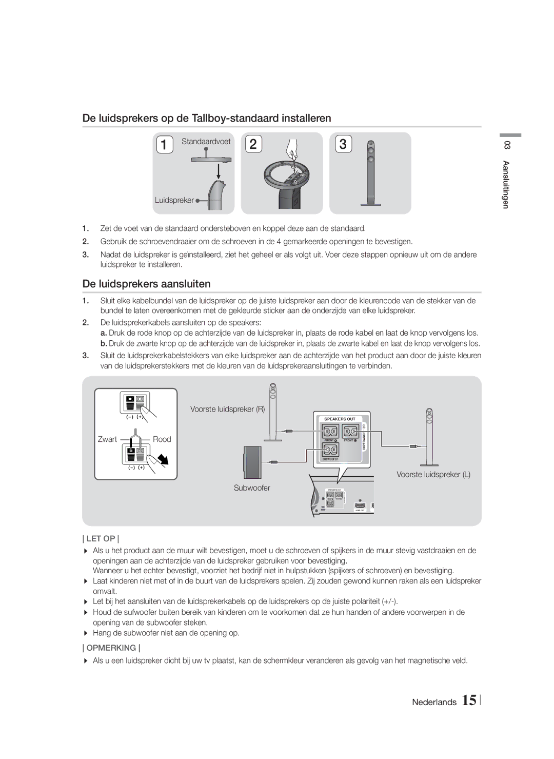 Samsung HT-FS6200/XN manual De luidsprekers op de Tallboy-standaard installeren, De luidsprekers aansluiten, Aansluitingen 