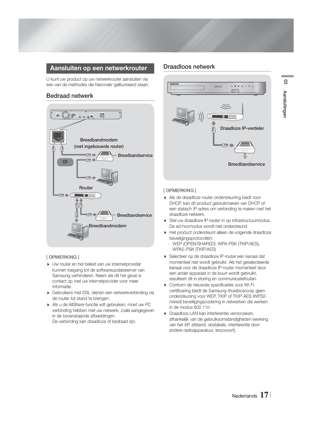 Samsung HT-FS6200/ZF, HT-FS6200/XN, HT-FS6200/EN manual Aansluiten op een netwerkrouter, Bedraad netwerk 