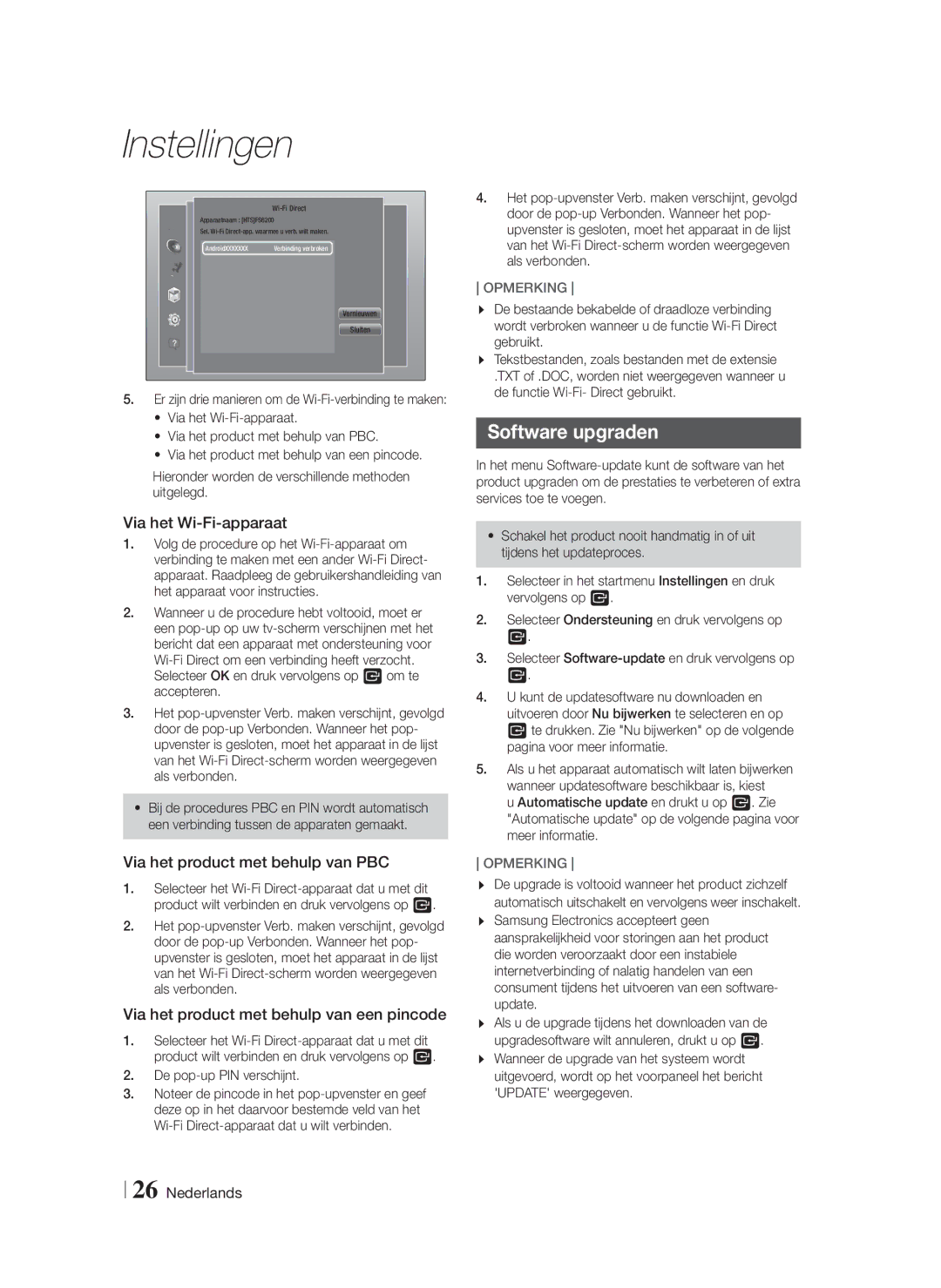 Samsung HT-FS6200/ZF, HT-FS6200/XN manual Software upgraden, Via het Wi-Fi-apparaat, Via het product met behulp van PBC 