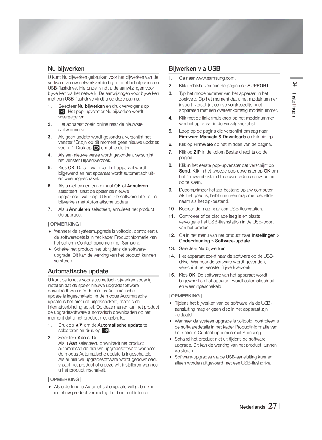 Samsung HT-FS6200/XN manual Nu bijwerken, Automatische update, Bijwerken via USB, Klik rechtsboven aan de pagina op Support 