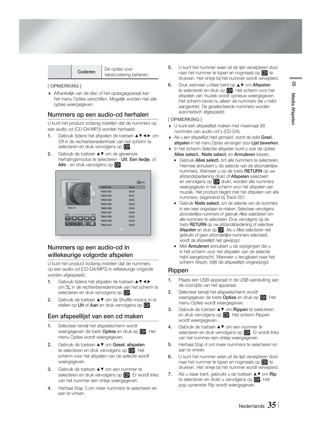 Samsung HT-FS6200/ZF Nummers op een audio-cd herhalen, Nummers op een audio-cd in willekeurige volgorde afspelen, Rippen 