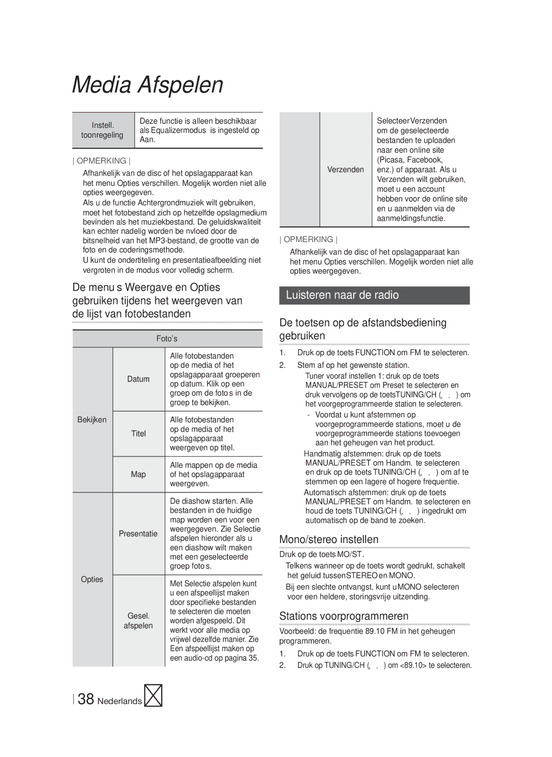 Samsung HT-FS6200/ZF manual Luisteren naar de radio, De toetsen op de afstandsbediening gebruiken, Mono/stereo instellen 