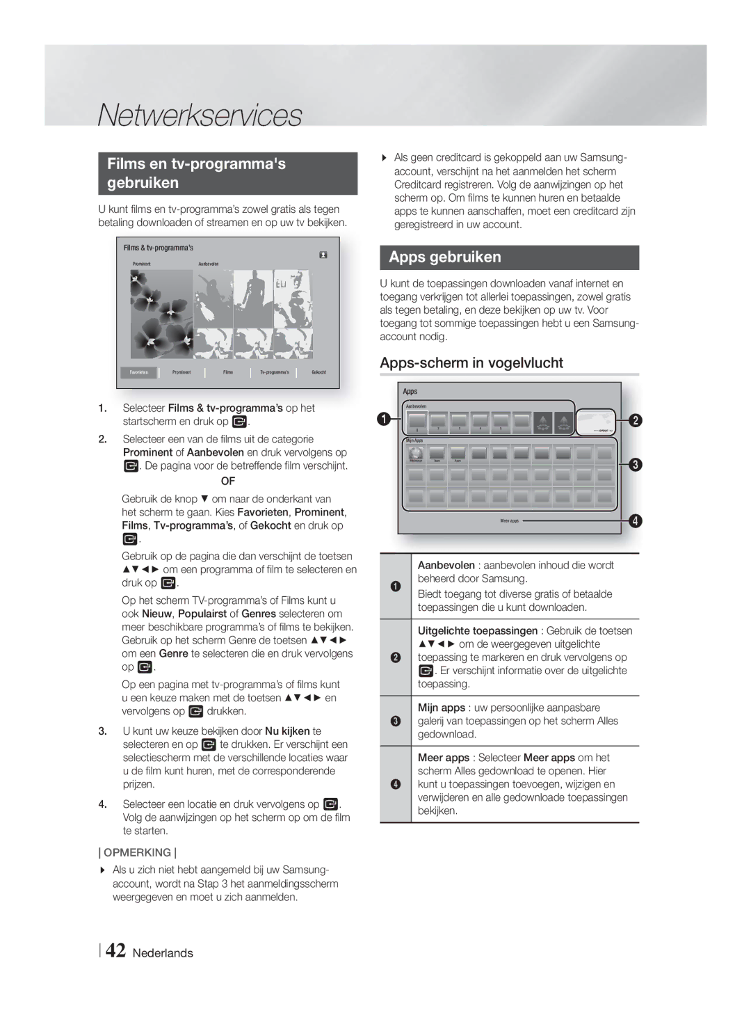 Samsung HT-FS6200/XN, HT-FS6200/EN manual Films en tv-programmas Gebruiken, Apps gebruiken, Apps-scherm in vogelvlucht 