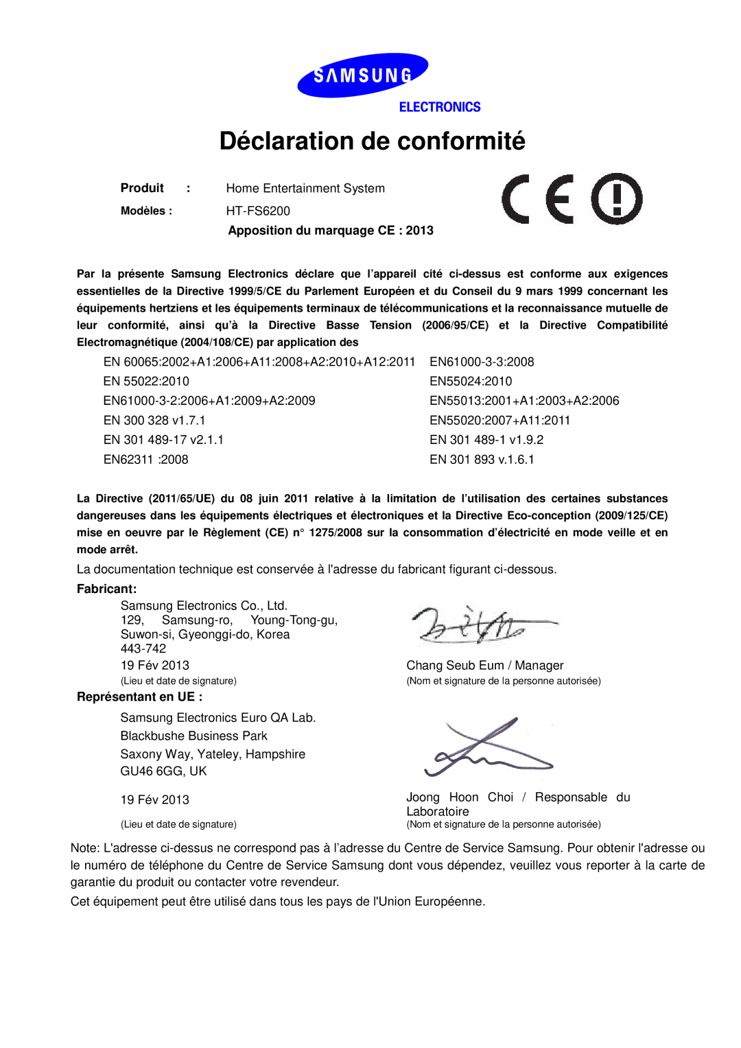 Samsung HT-FS6200/ZF manual Déclaration de conformité 