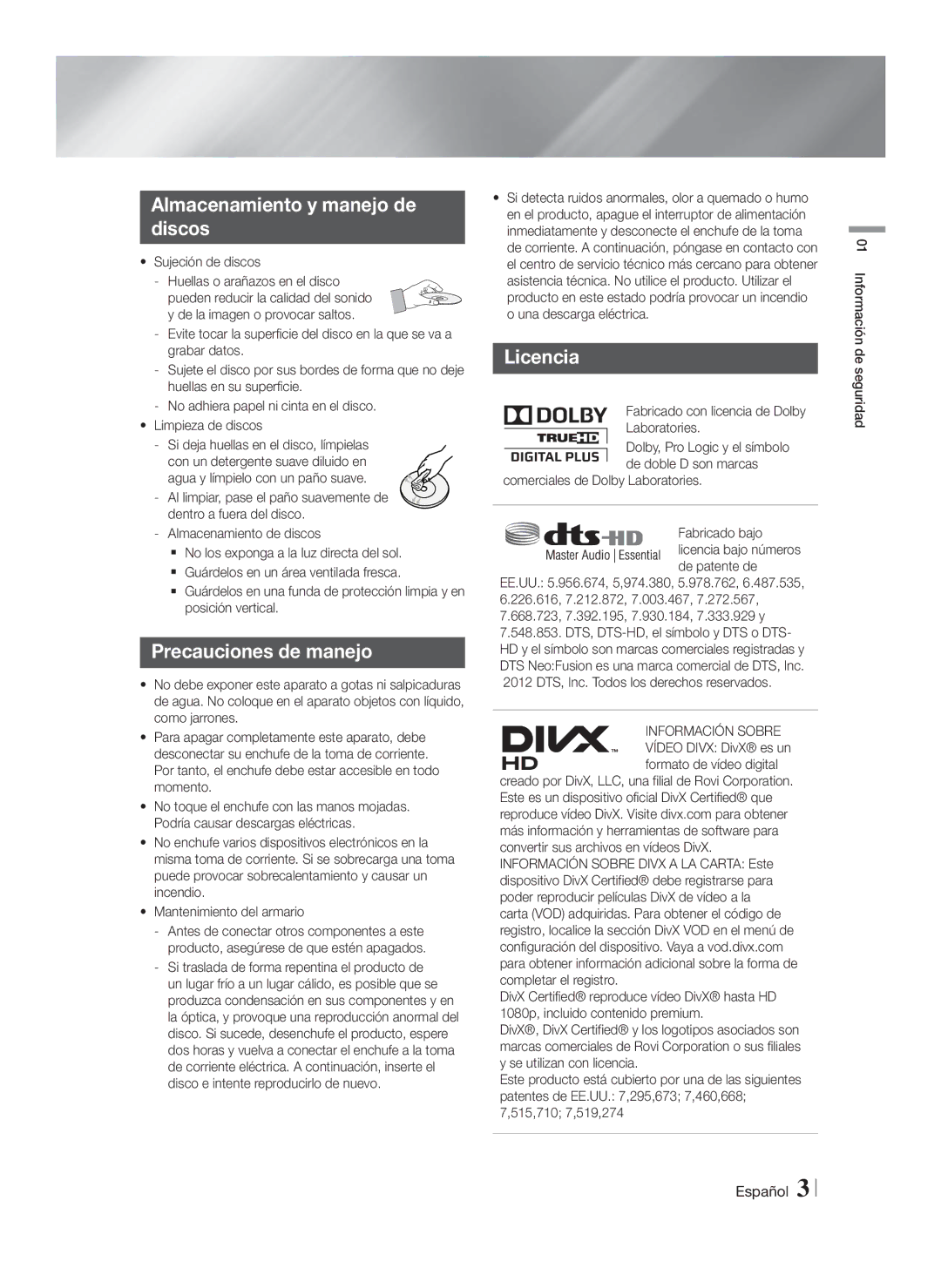 Samsung HT-FS6200/ZF manual Almacenamiento y manejo de Discos, Precauciones de manejo, Licencia 