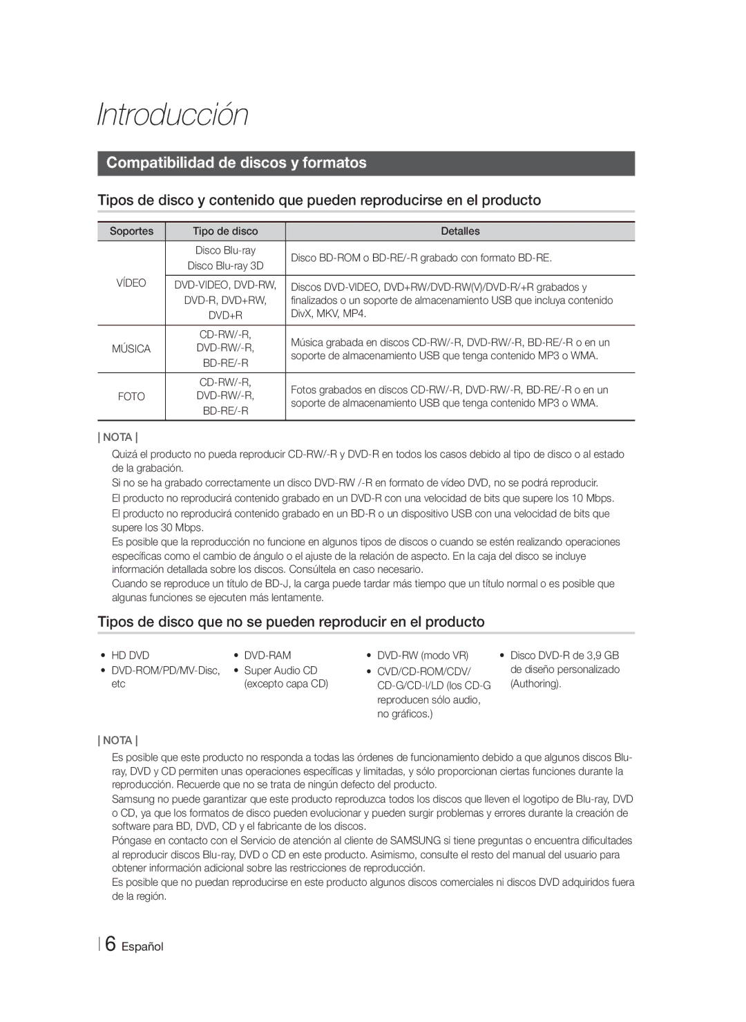 Samsung HT-FS6200/ZF manual Introducción, Compatibilidad de discos y formatos 