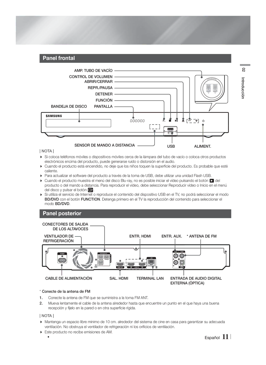 Samsung HT-FS6200/ZF manual Panel frontal, Panel posterior, Sensor DE Mando a Distancia USB, ENTR. Hdmi 